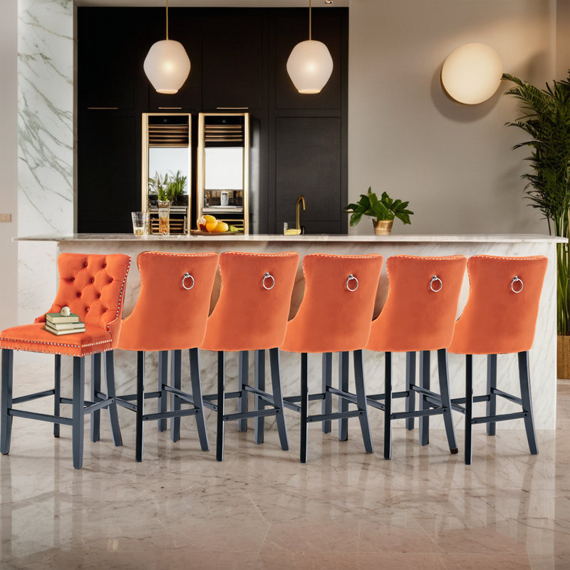 Velvet Kitchen Island Chairs Counter Height Barstools Set of 6, Orange, Black, 6