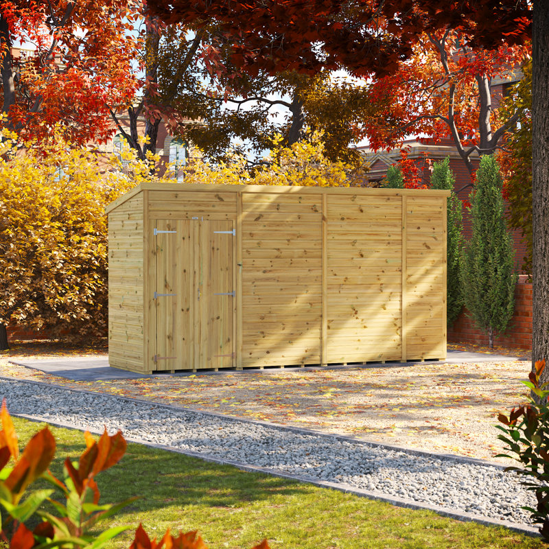 Powersheds 14 x 4ft Premium Pressure Treated Timber Windowless Pent Garden Shed, Double Doors