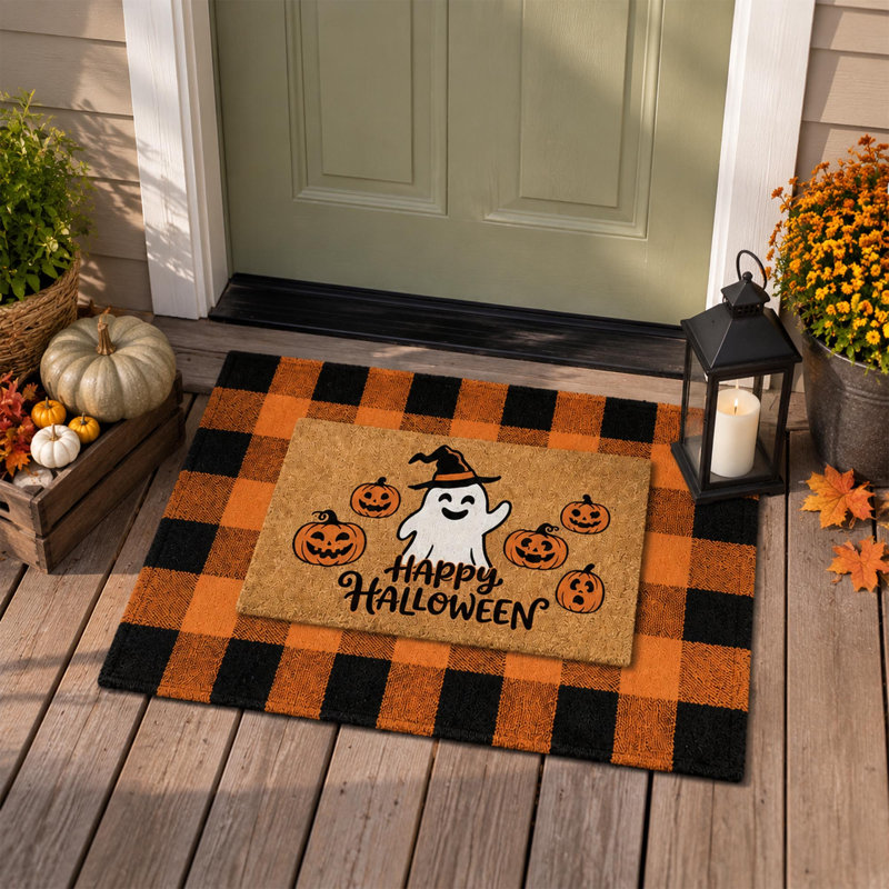 Ensemble de 2 tapis de porte superposés pour l'Halloween, tapis à carreaux orange et noir avec paillasson en fibre de coco