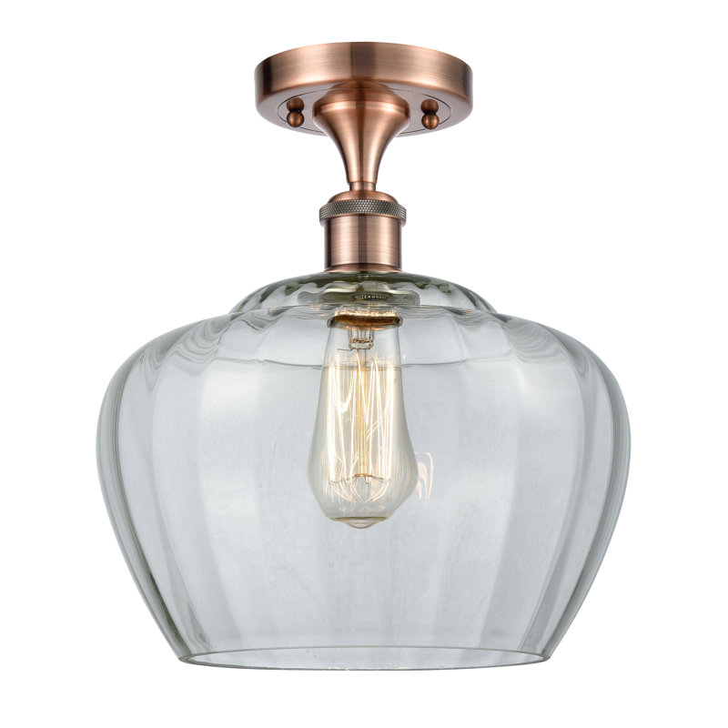 Plafonnier semi-encastré 1 lumière Renee, Transparent, Cuivre antique, Ampoule incandescente rétro de 60 watts