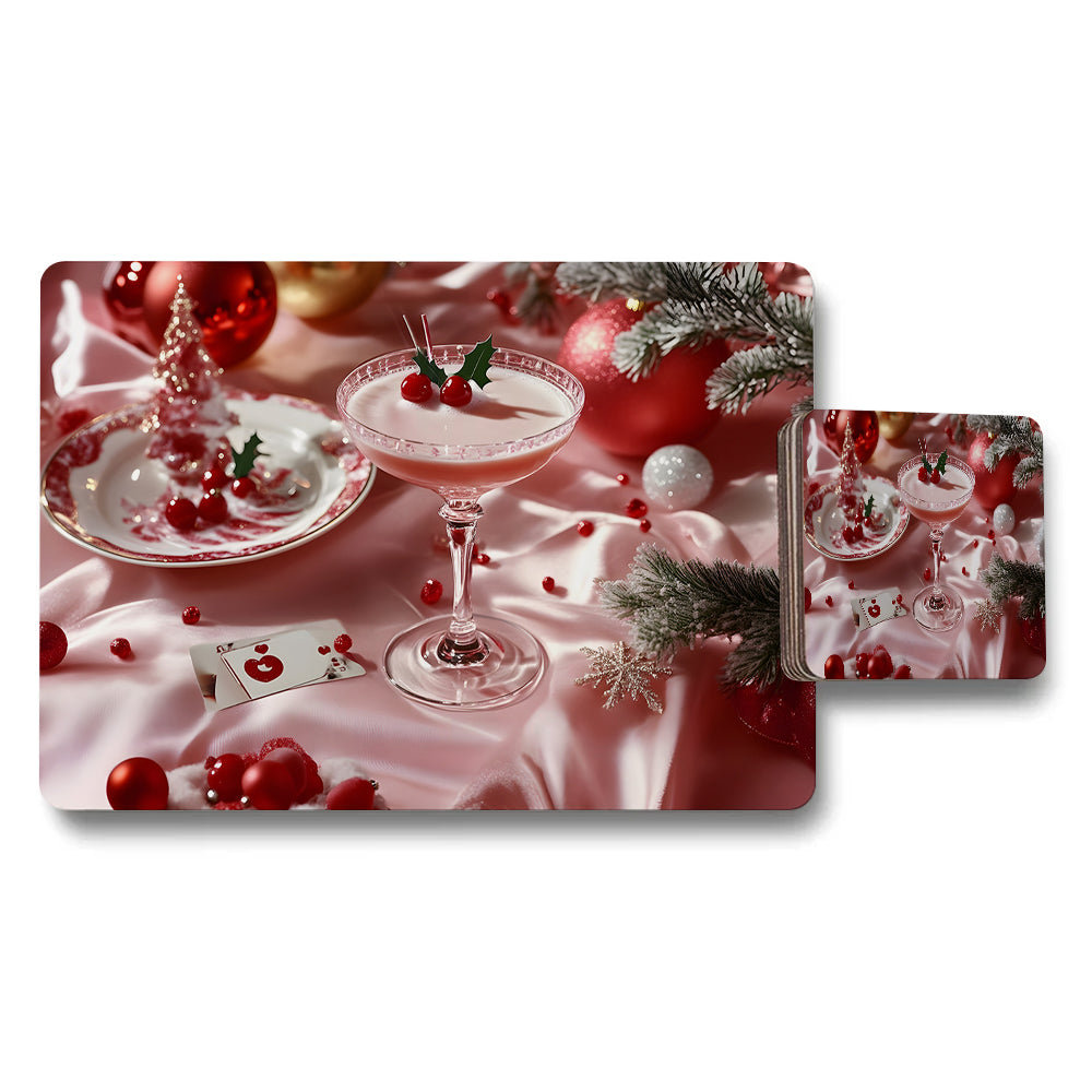Christmas Placemat And Coaster Set With Red Holiday Theme