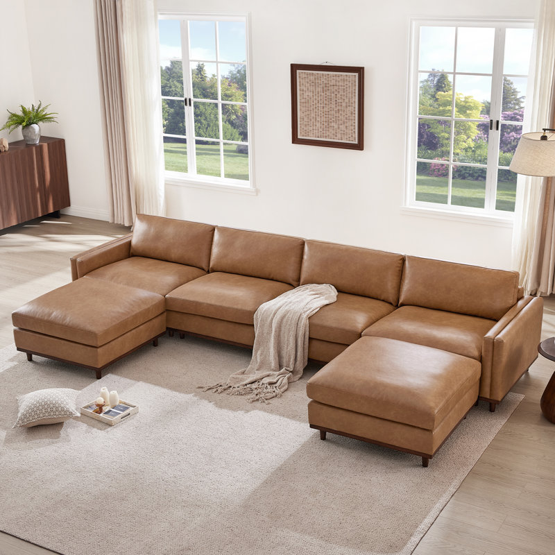 Laima 6-Piece 153"W Faux Leather U-Shaped Modular Sectional Sofa With 2 Ottomans