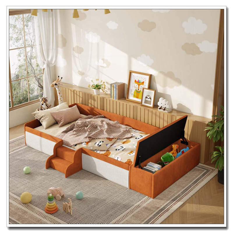 Velvet Upholstered Daybed with Stairs, Gas Lift Storage Ottoman, Brown+White, Twin