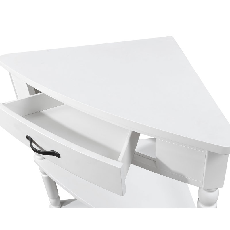 Table de coin de 86 cm (33,8 po) pour petits espaces, blanc laiteux, pieds en bois massif et style élégant. Table blanche à 3 niveaux pour espaces étroits - Idéale pour le salon, la chambre à coucher, la salle de bain, le corridor ou le balcon. Installation facile.