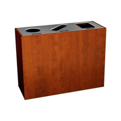Sturdy Essentials Stratus Series Commercial Business Recycling And Waste Receptacle Bin With Wood Finish, Triple Bin With Circle Opening For Bottles And Cans, Slot For Paper, And Waste