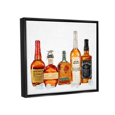 «Whiskey Bottles & Ice Cubes», impression encadrée sur bois