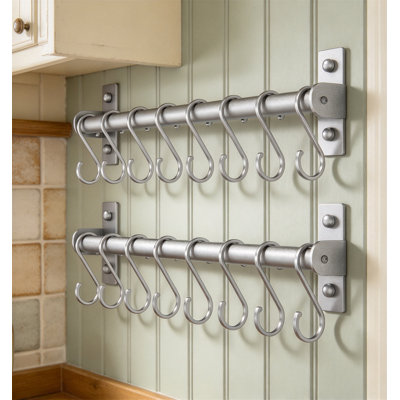 Ensemble de 2 rails pour ustensiles de cuisine muraux, argent avec 8 crochets pour casseroles, poêles, cuillères et tasses