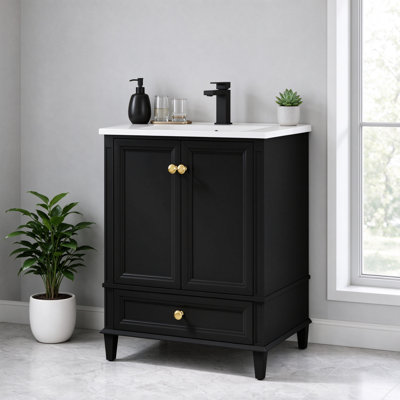 Lavabo de salle de bain moderne autoportant 27,8 po Mid-Century avec tiroir, tablettes de rangement cachées et pieds renforcés