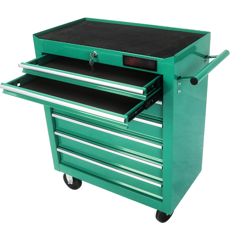 Chariot à outils 7 tiroirs avec roues, verrouillable, glissière à roulement de capacité de 15 kg, caractéristique évidente en acier laminé à froid, thermolaqué, atelier verrouillable à 4 freins et 2 roues