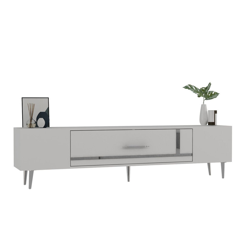 Meuble télé moderne avec détails argentés Catena, 59,1 po x 19,0 po x 11,6 po | Panneau de particules revêtu de mélamine à 100%, conception murale | Rangement élégant et fonctionnel pour le salon, style contemporain