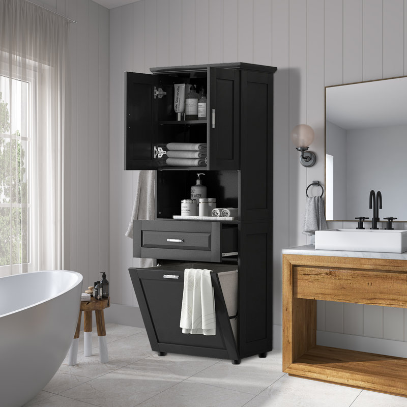 Yasira 69.92'' Tall Bathroom Cabinet With Laundry Basket, Black