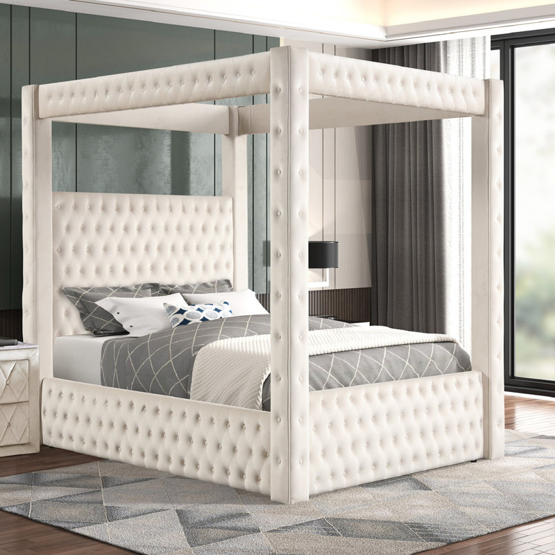 Valesia Upholstered Canopy Bed, King, Ivory