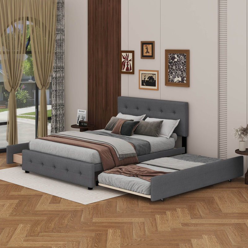 Grand lit plateforme tapissier avec 2 tiroirs et un lit gigogne, Gris foncé