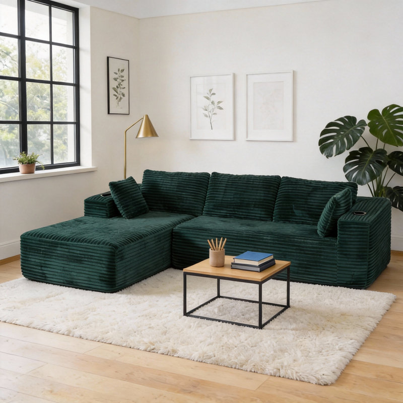 Canapé modulaire en velours côtelé de 106 po avec canapé convertible moderne en L et méridienne, Vert