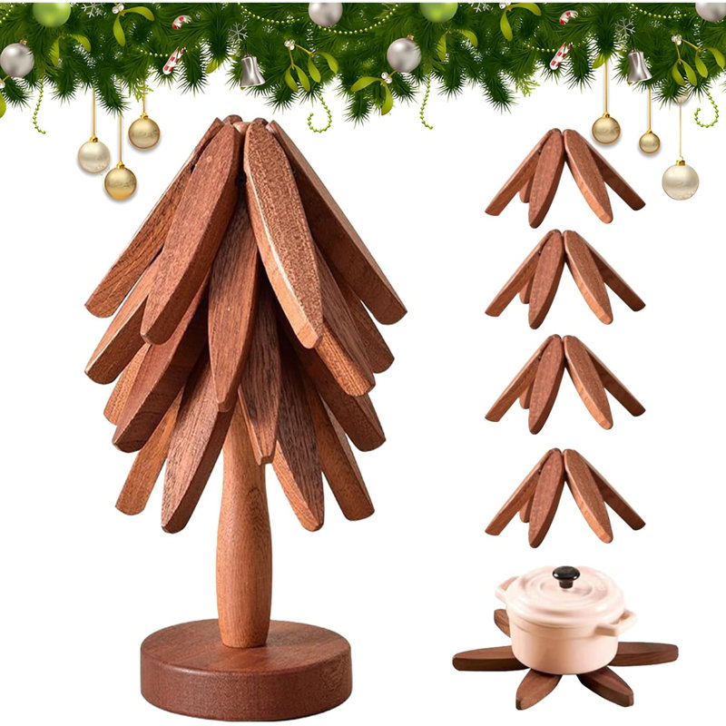 Wooden Trivets for Hot Dishes Tree Shape Trivet Set 4 Layers+1 Stand