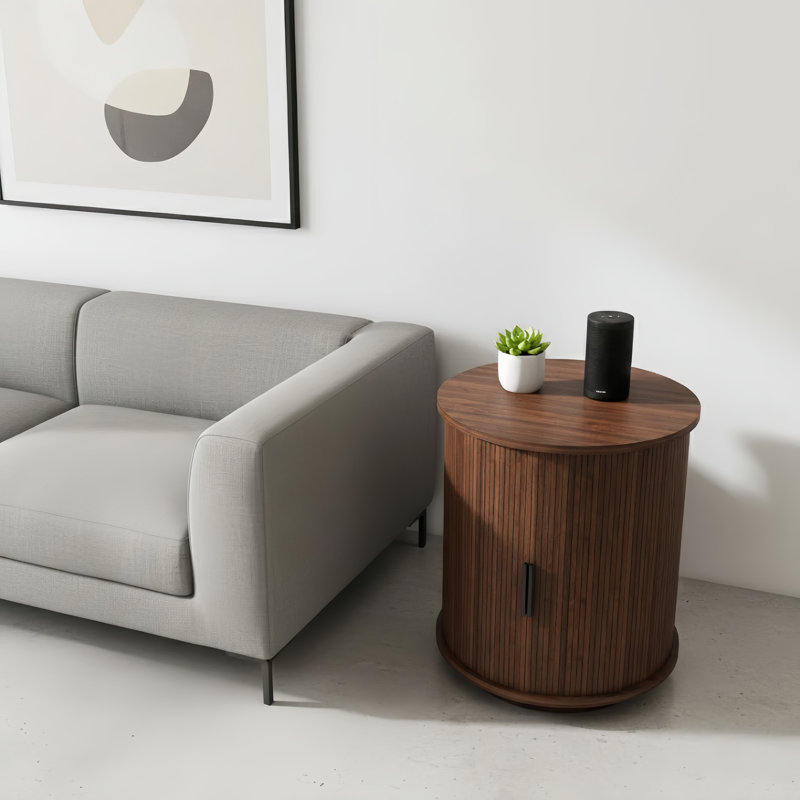 Mid Century Modern Cylinder End Table With Built-In Charging Station & Sliding Door, 2-Tier Storage Round Nightstand With USB Ports, Walnut Bedside Table For Living Room, Bedroom, Entryway