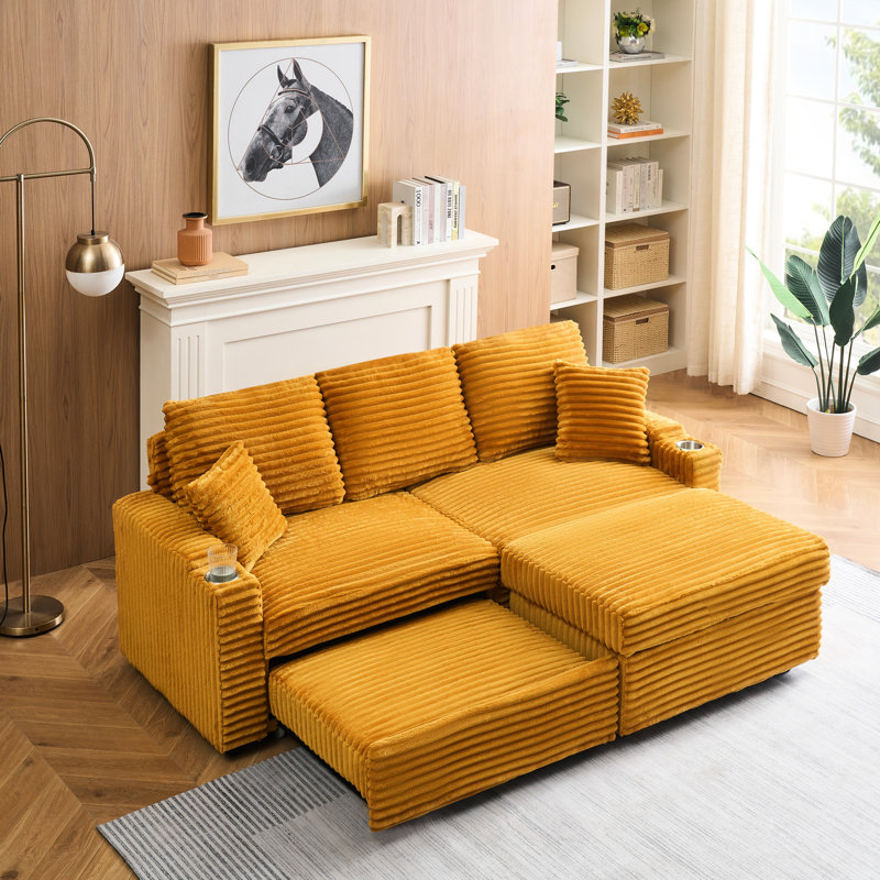 Velours côtelé orange de 80 pouces avec méridienne pliable, porte-gobelets et repose-pieds pour chambre à coucher de luxe