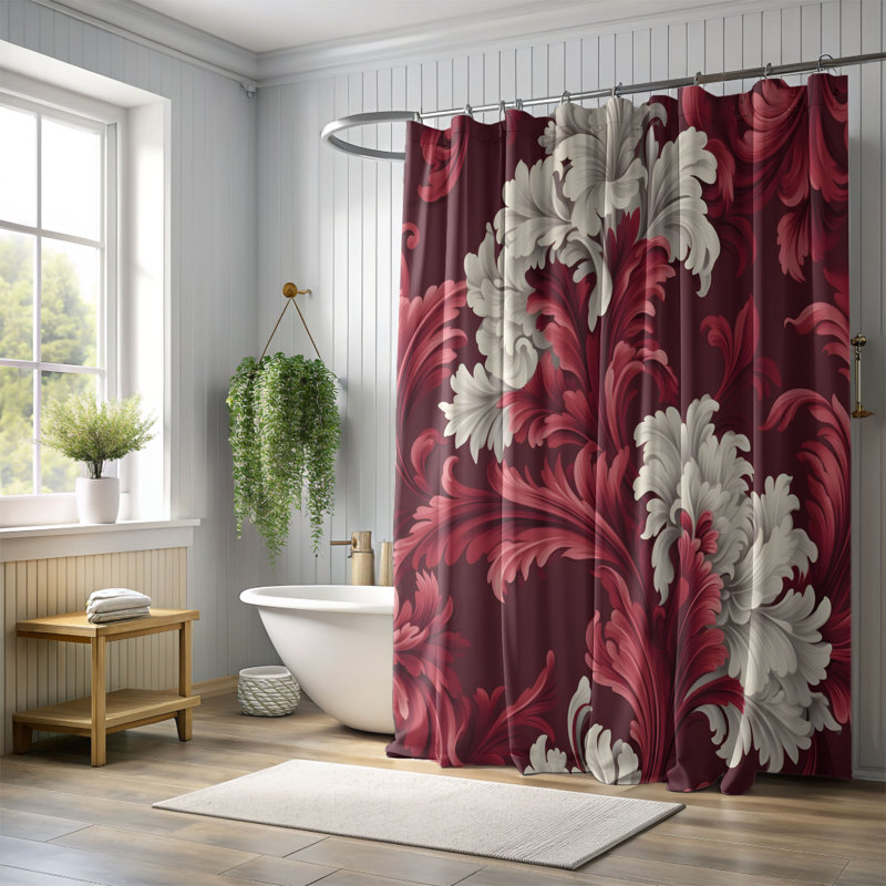 Rideau de douche rouge à imprimé rouge, H 74 po x l 71 po