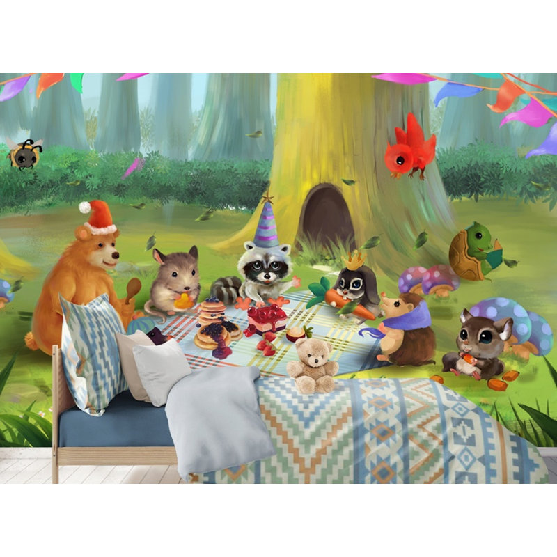 Caricature de forêt, animaux mignons, papier peint amovible pour enfants, L 35,04 po x l 55 po