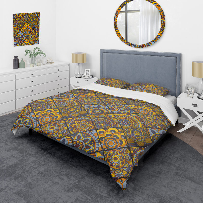 Ensemble de housse de couette à motif patchwork jaune rétro, Housse de couette simple + 1 taie décorative stan