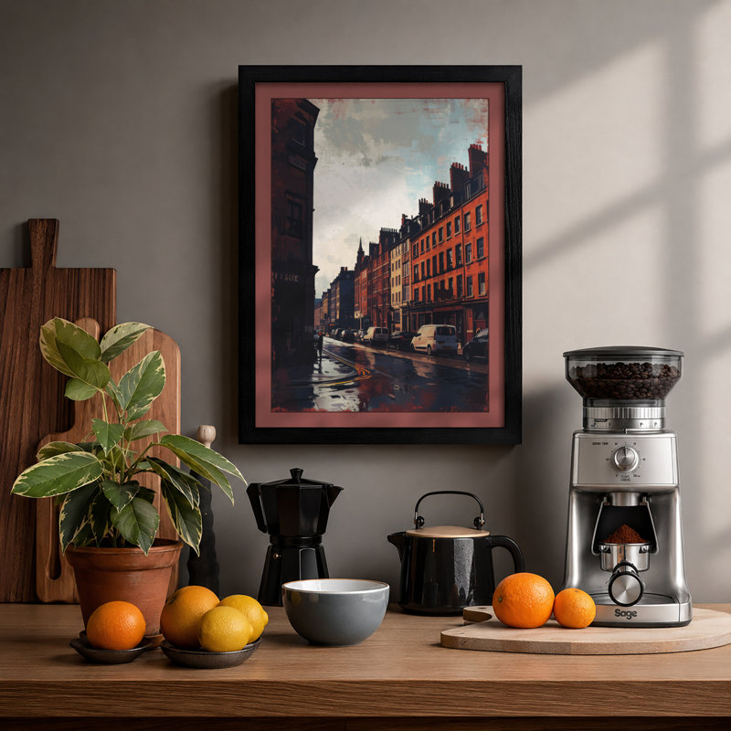Wet City Street Modern - Framed Print, A4 - 29.7 x 21.0 cm, Black