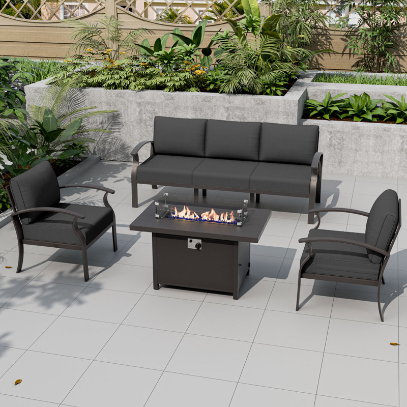 Outdoor Patio Aluminum 5-Person Conversation Set With LP Fire Pit Table&Glass Guard, Black