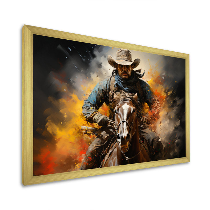 «Western Rodeo Spirit Pointillism Art», reproduction d'art sur toile, H 24 po x l 32 po x P 1 po, Cadre doré