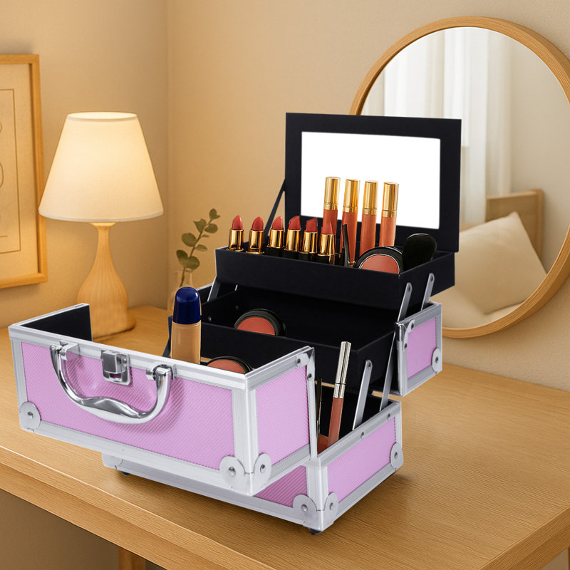 SM-2176 Boîte à bijoux en aluminium - Boîte à bijoux - 9,06 po x 5,91 po x 5,91 po - Bois - 1 pièce - Boîte à bijoux - Rose - Plusieurs compartiments
