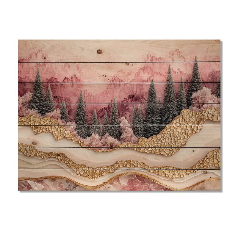Paysage forestier de rivière rose avec pierres précieuses I - décoration murale en bois forêt - sur bois de pin naturel