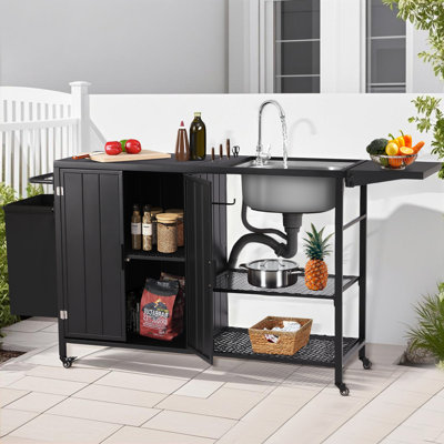 Chariot de barbecue extérieur avec évier, station d'évier de gril avec tablette de rangement et poubelle, station de chariot de bar extérieur avec armoire pour patio, cour, jardin, barbecue - noir
