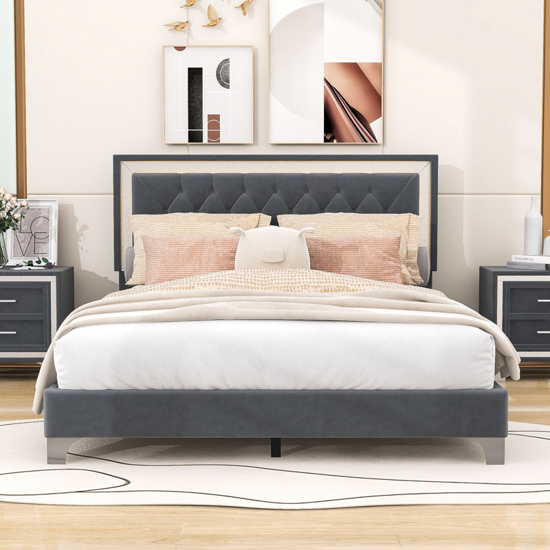 Grand lit tapissier avec lumières DEL Harsukh, gris