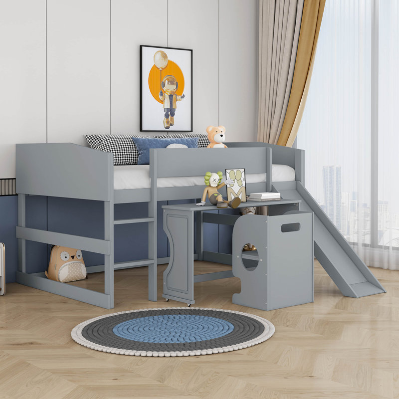 Lit mezzanine double bas pour enfants Caulkins, Gris