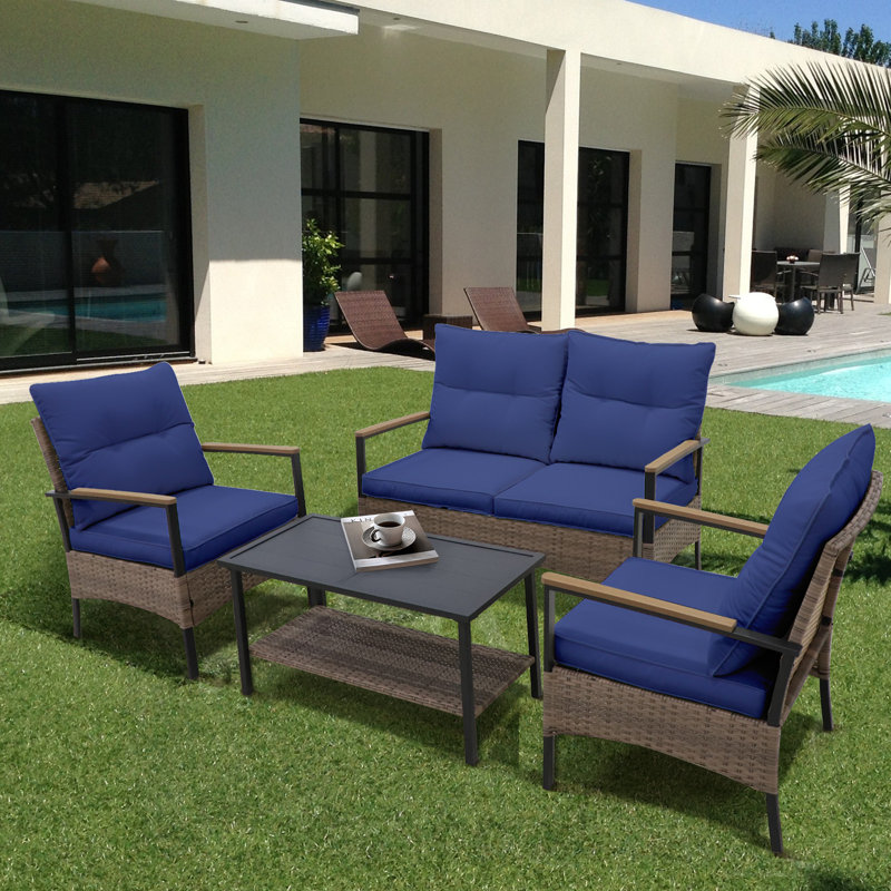 Nayellie 4 - Person Outdoor Seating Group with Cushions, Blue