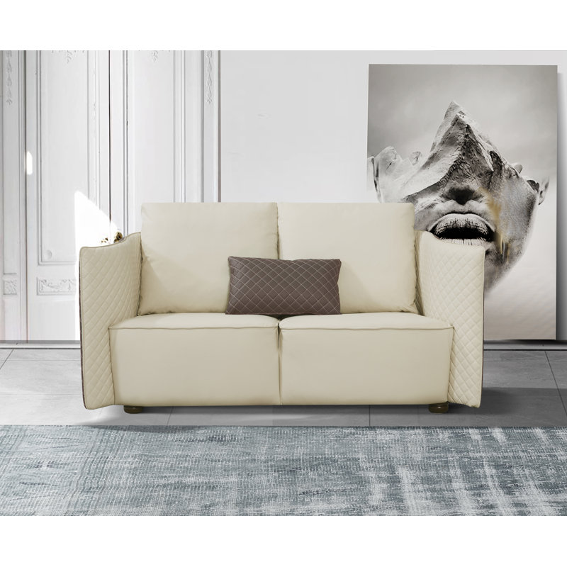 Causeuse à accoudoirs évasées en cuir véritable 71 po de la collection Adylene, Cuir véritable gris clair / taupe