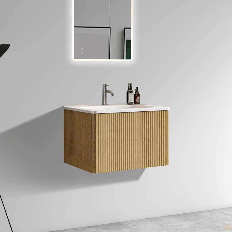 24" Striped Bathroom Vanity With White Ceramic Sink, Wall Mounted Floating Bathroom Vanity, Oak, 24"