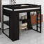 Structure de lit mezzanine moderne conçue avec une étagère ouverte à 4 niveaux, un bureau en L intégré et un éclairage ambiant intelligent-129888163