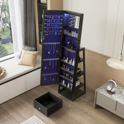 Armoire à bijoux avec miroir lumineux pleine longueur, tiroirs de rangement verrouillables, noir