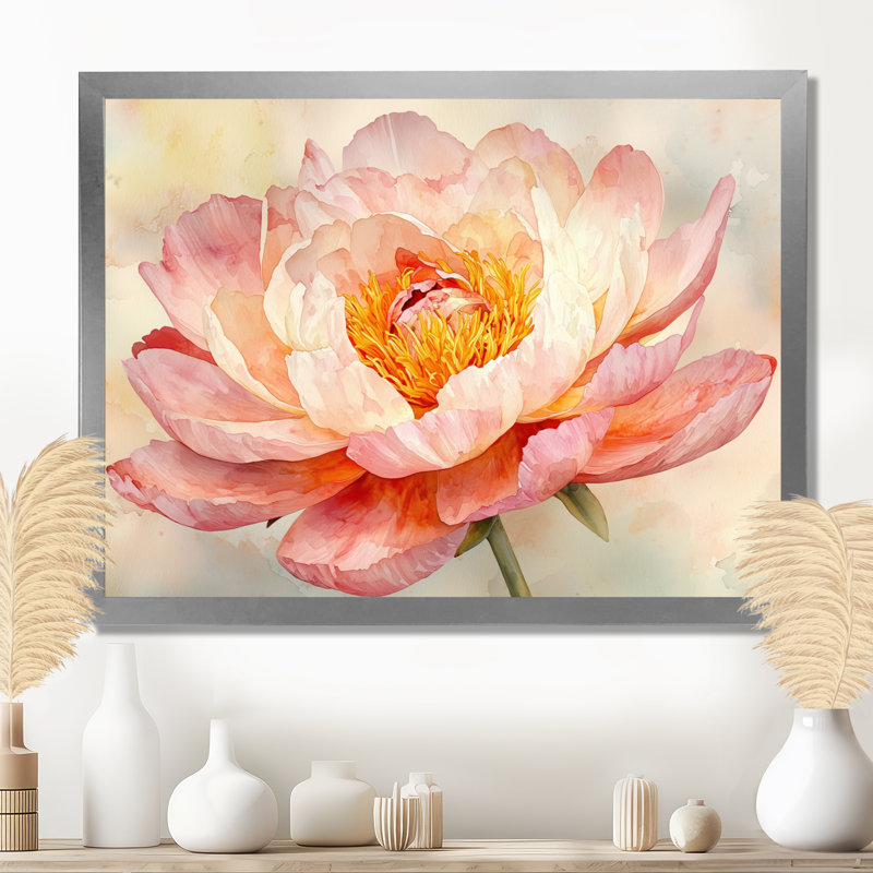 «Water Lily Peony Simplicity Bloom I», art mural pivoines, H 34 po x l 44 po, Cadre simple argenté