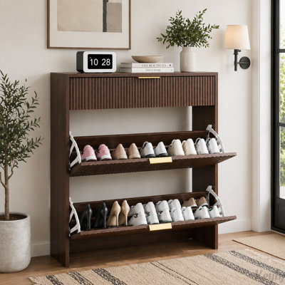 Rangement à chaussures étroit cannelé avec poignées dorées (blanc)