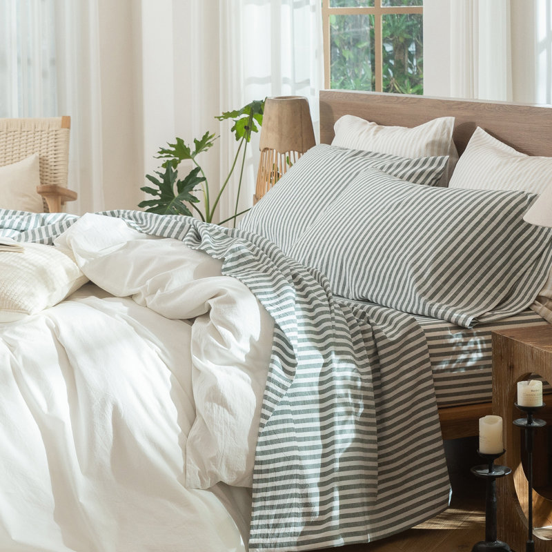 Ensemble de draps 100% coton lavé MooMee, Ensemble de draps pour grand lit avec 2 taies d'or