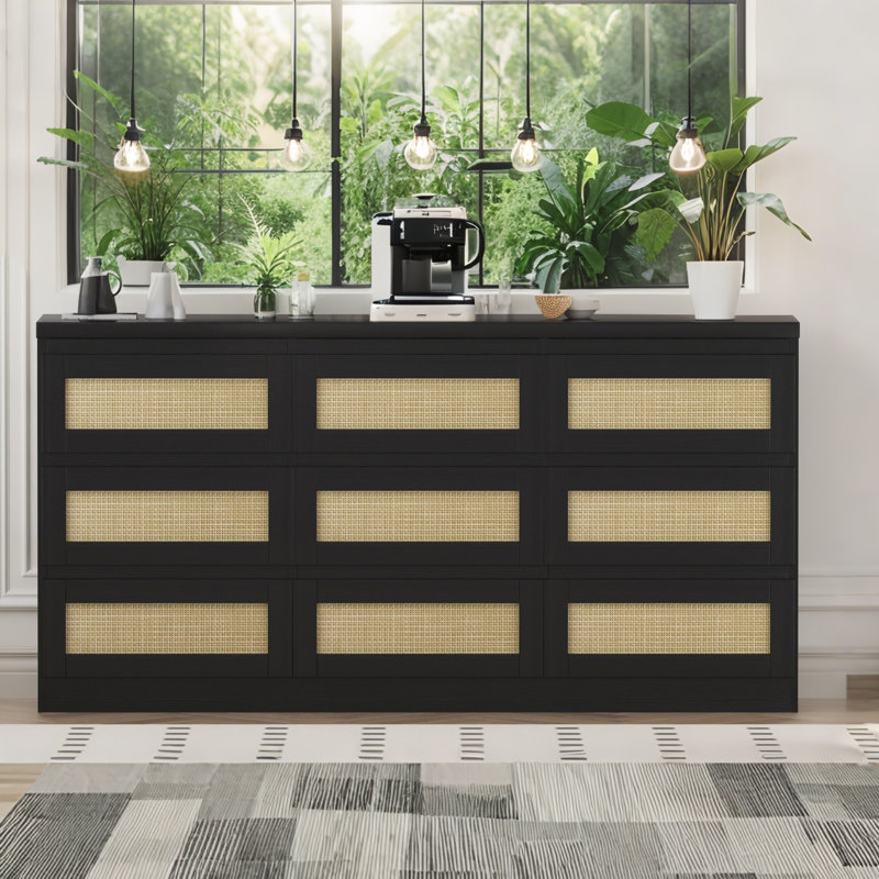  9 Drawer Dresser with Charging Station, Wide Farmhouse Chest for Bedroom or Living Room, Black