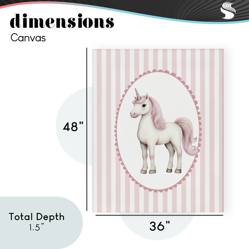 Licorne douce sur toile à rayures roses, design par Christine Simpson Art, H 48 po x l 36 po