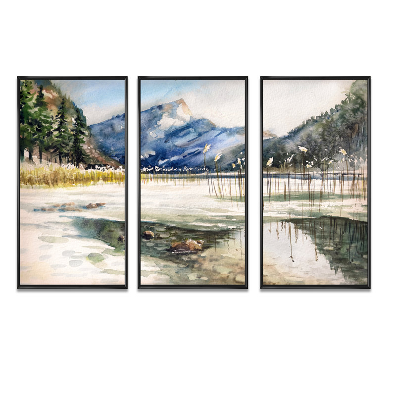 Lac avec paysage de montagne - peinture sur toile 3 pièces, H 28 po x l 36 po, Noir