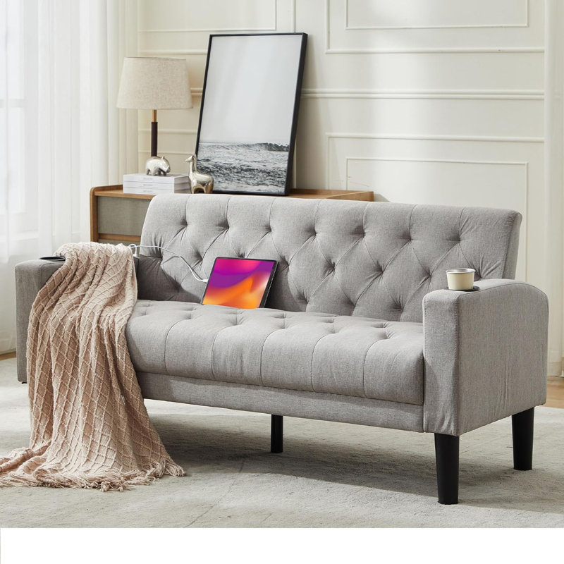 Sofa Seats Modern Style Comfy Small Sofa with Pocket Storage 2 USB 2 Cup Holders Upholstered Couch for Living Room Bedroom Office