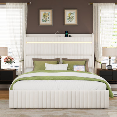 Queen Bed Frame With Storage Upholstered Headboard And 4 Drawers, Velvet Upholstered Platform Bed With LED Lights   Charging Station, Stable   Easy Assembly, No Box Spring Needed, Beige