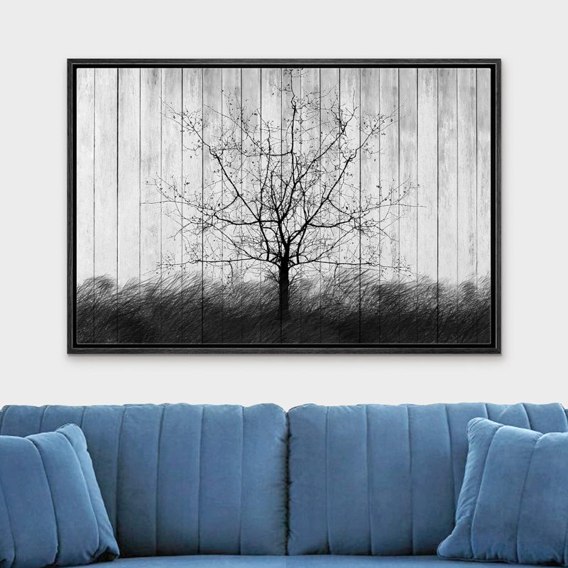 Arbre à panneaux noir et blanc à motif de silhouette de bois de style neutre rustique et relaxant, Cadre noir