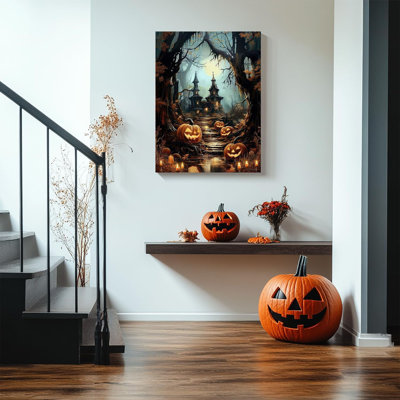 Haunted Castle Canvas Print Mysterious Mansion With Smiling Jack-O-Lanterns Eerie Tree Tunnel Painting Prints Halloween Home Decor Ready To Hang 18X24in