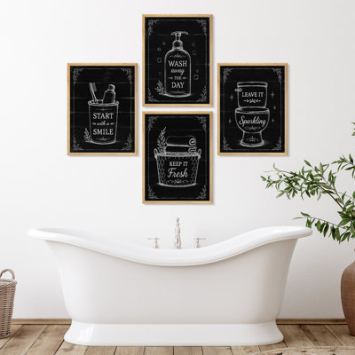 Bathroom Hygiene Routine Start with a Smile Wash Away the Day Keep It Fresh Leave It Sparkling Framed Wall Art Prints Set of 4 - Bathroom Powder Room Toilet Laundry Room Decor