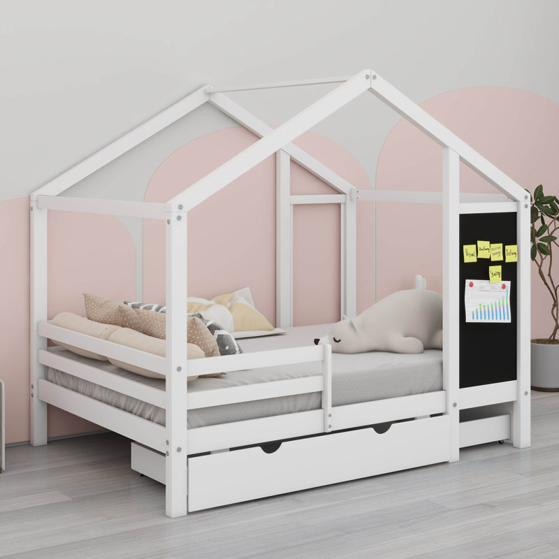 Lit double pleine grandeur avec tiroirs de rangement pour chambre d'enfant, cadre de lit en bois massif avec tableau noir