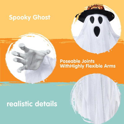 Ensemble de 3 décorations de fantômes suspendus de 24,8 po d'Halloween, fantômes blancs d'Halloween volants avec chapeaux pour une scène de citation de maison hantée, décor intérieur et extérieur effrayant